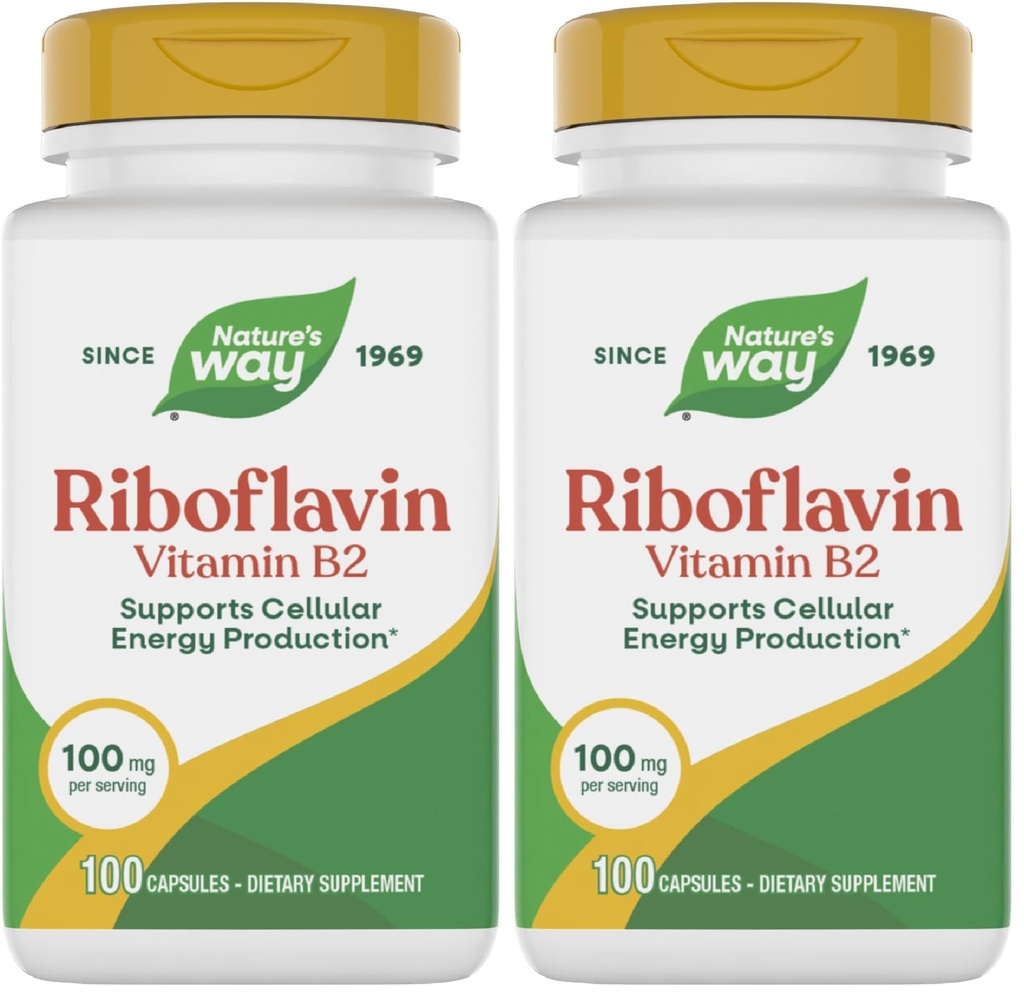 Nature's Way Riboflavin Vitamin B2, Supports Cellular Energy Production*, High Potency Riboflavin, 100 mg per Serving, (Packaging May Vary) 100 Capsules (Pack of 2)