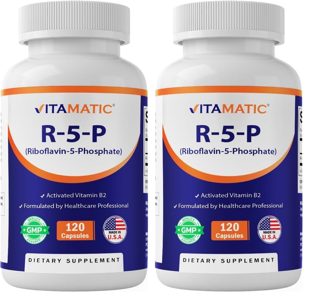 Vitamatic R-5-P Riboflavin-5-Phosphate (Vitamin B2) 50 mg | 120 Capsules | High Potency, Easy-to-Swallow Vegetarian Capsules (Pack of 2)