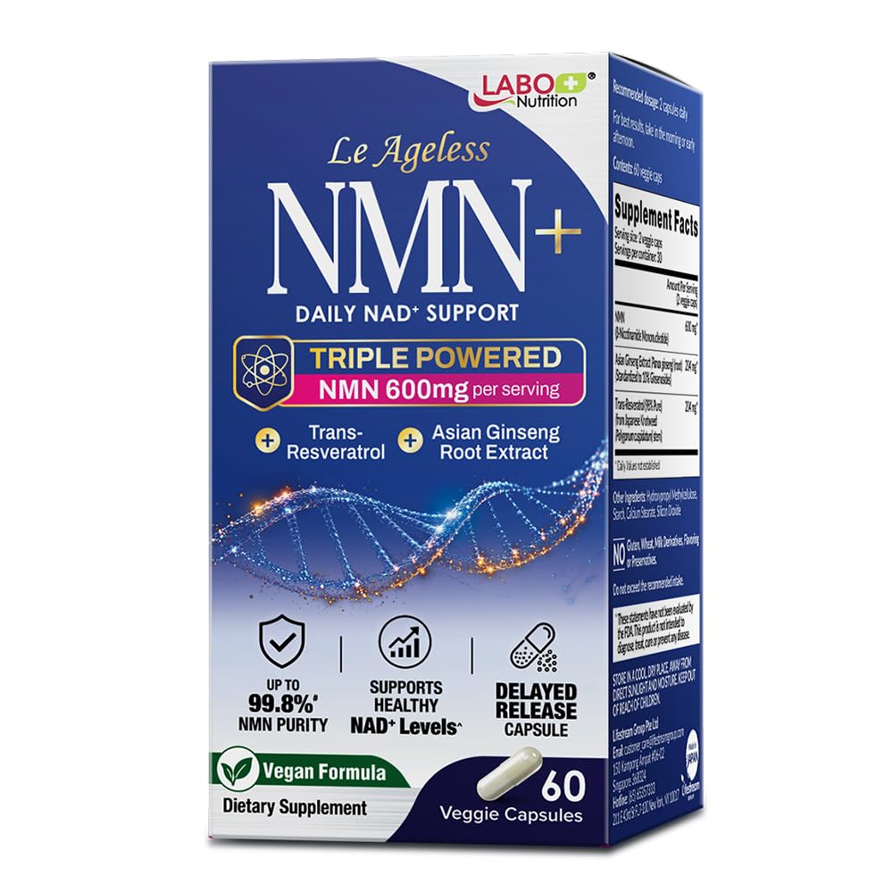 Le Ageless NMN+ Supplement with 99.8% Pure NMN (600mg), Trans-Resveratrol & Asian Ginseng — for Healthy Aging and Cellular Energy Support — 60 Acid-Resistant Capsules, Made in Japan