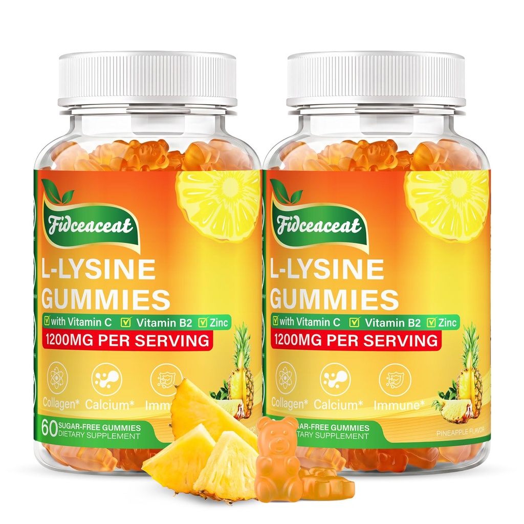 2 Pack L-Lysine 1200 mg Gummies for Immune Support and Skin Health, Sugar-Free, Vegan Chewable Supplement with Natural Pineapple Flavor for Adults and Children, 120 Count