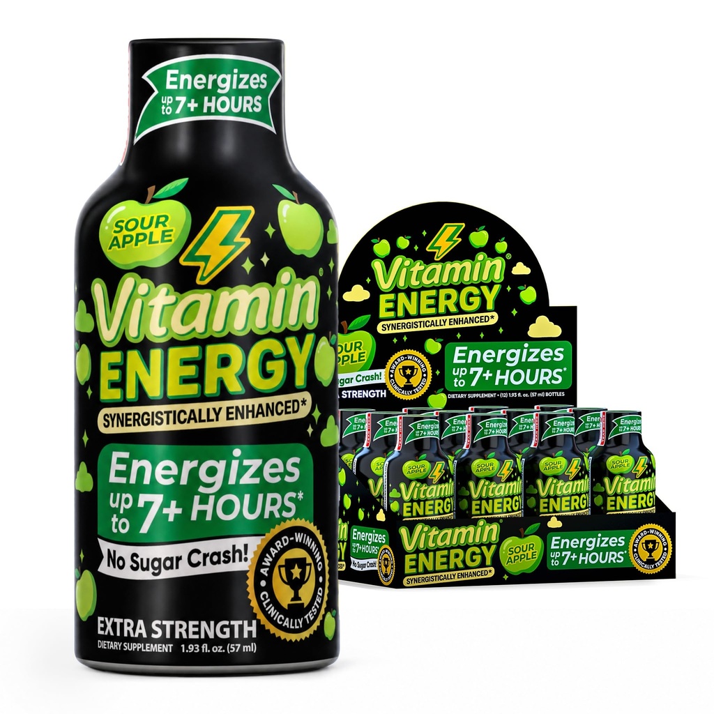 Vitamin Energy Sour Apple Extra Strength Energy Shot, 10 Pack - Up to 7 Hrs, 260mg Natural Caffeine, Zero Sugar - Beta-Alanine + Electrolytes, Workout Support, B12 B6 Niacin, 1.93 fl oz, Keto Vegan