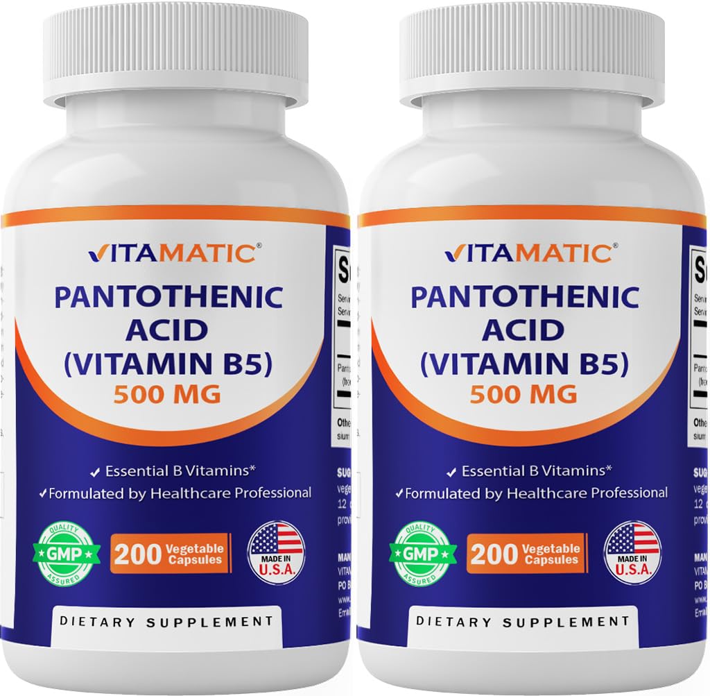 Vitamatic Pantothenic Acid (VIT. B5) 500 mg, 200 Veggie Capsules, 2 Pack