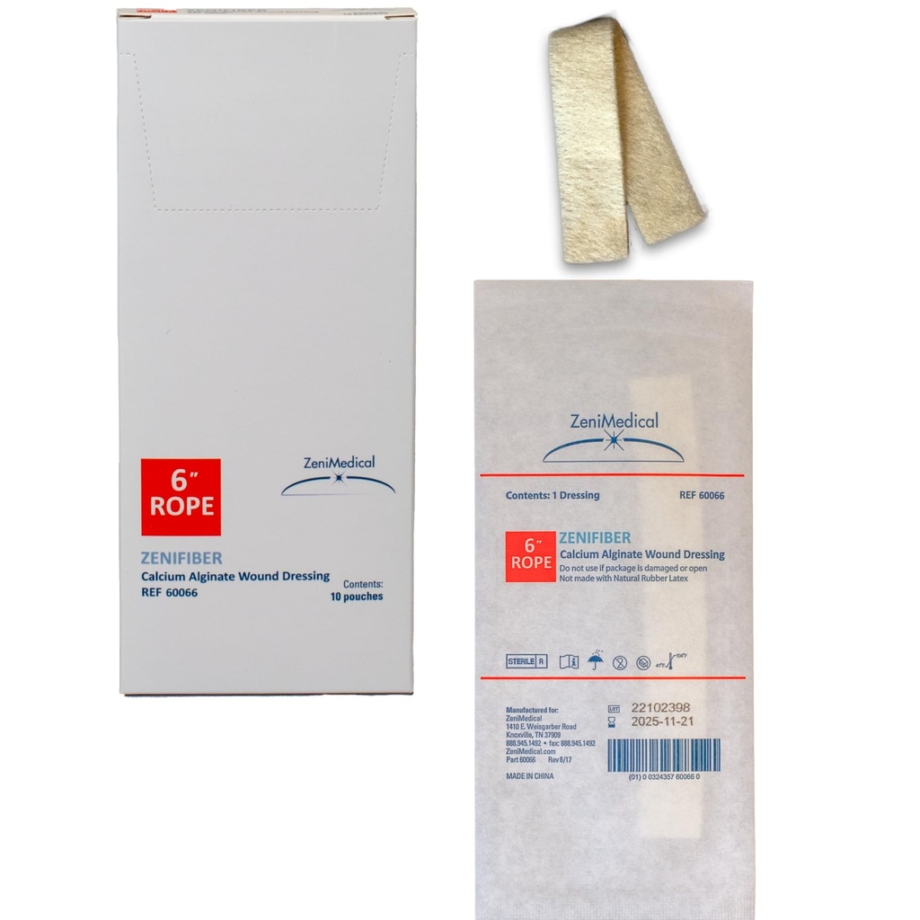 ZeniFiber (6" Rope) Calcium Alginate Wound Dressing, Sterile Primary Dressing, Non-Woven Rope, Can be Cut to Shape, 10/Box