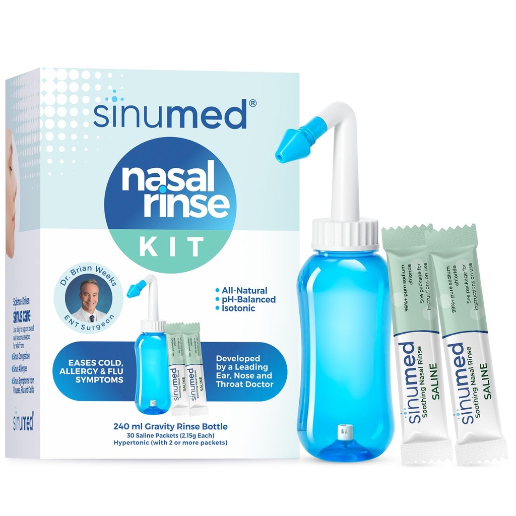 Sinus Rinse, 30PK Nasal Rinse Packets with Saline, Gravity Bottle, Alternative to Neti Pot, Helps with Allergy, Congestion, Cold Symptoms