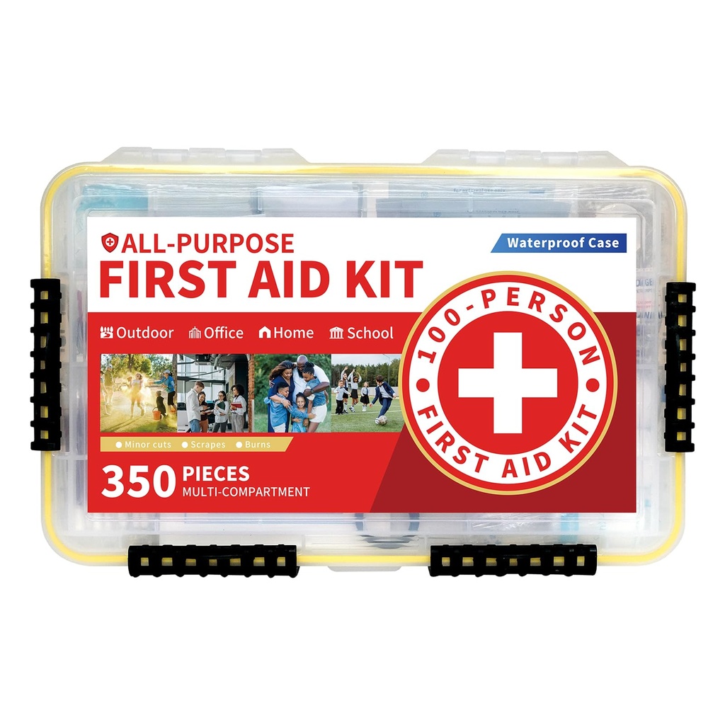 350-Piece All-Purpose 100-Person Emergency First Aid Kit – Waterproof Plastic Case | Clearly Organized for Fast Retrieval | Perfect for Home, Business, Workplace, Boat, Travel, Outdoor & Car