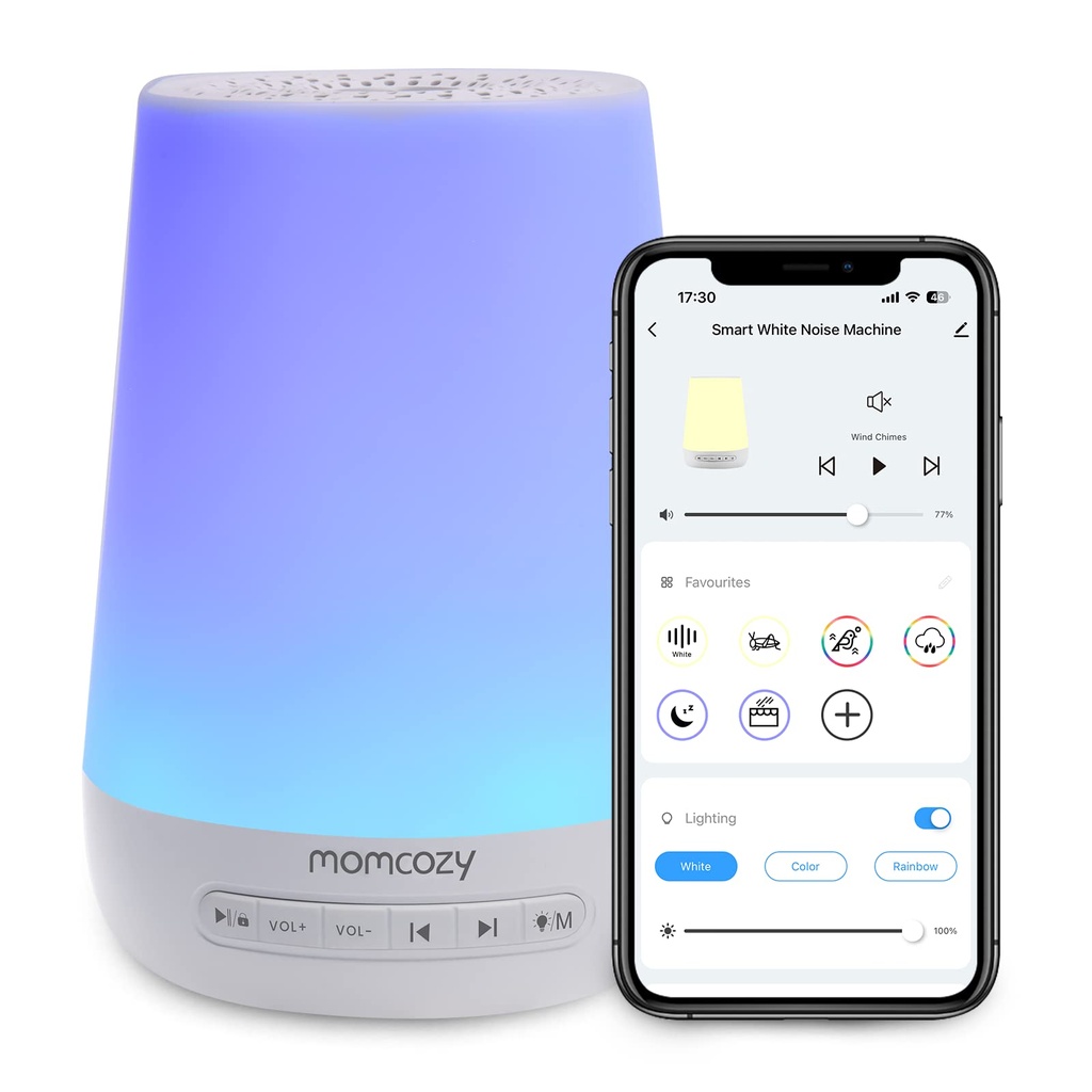 Momcozy Smart Baby Sound Machine with Night Light, White Noise Machine | Toddler Sleep Trainer 34 Soothing Sleep Sounds, Timer, App Remote Control, Egg Light, Personal Sleep Routine Alarm Clock