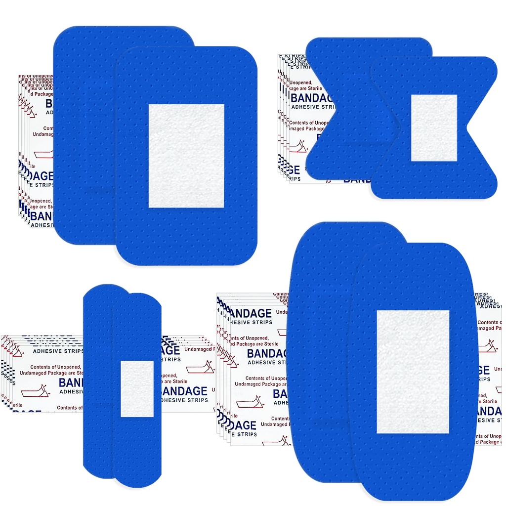 200 Pcs Blue Metal Detectable Bandages, PE Waterproof Bandage Bulk for Food Service Catering, Adhesive Bandages for First Aid & Wound Care, Variety Pack, 4 Styles