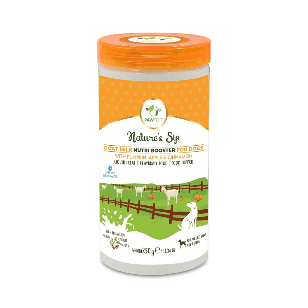 Pawfect Nature's Sip Goat Milk Powder with Pumpkin, Apple, Cinnamon & Pumpkin Seeds for Dogs- Easily Digestible- Pre & Probiotics- Healthy Topper- Hydration Support- 70 Scoops (350g/12.34oz)