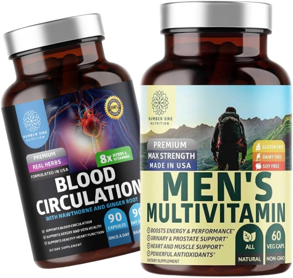 Number 1 Nutrition N1N Premium Men's Daily Multivitamine [vitamīni A C E D, magnijs, cinks] un asins cirkulācijas papildinājums [8 Spēcīgi herbs & Vitamīni], 2 Pack Bandle