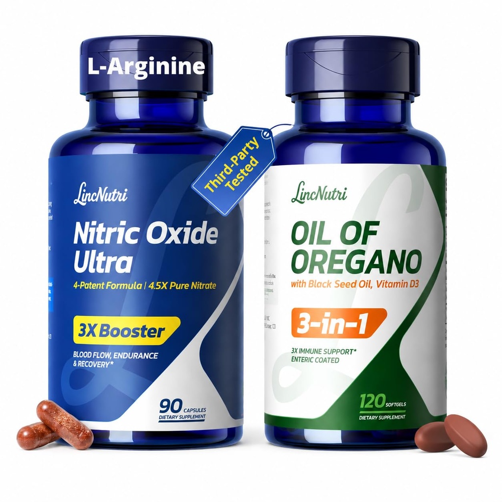 L-Arginine Nitric Oxide Booster for Men & Oil of Oregano Supplement Bundle – Nitric Oxide 1550mg with L-Citrulline, ViNitrox, Oxystorm & BioPerine + Black Seed Oil Vitamin D3 Immune Support, 90 Capsul