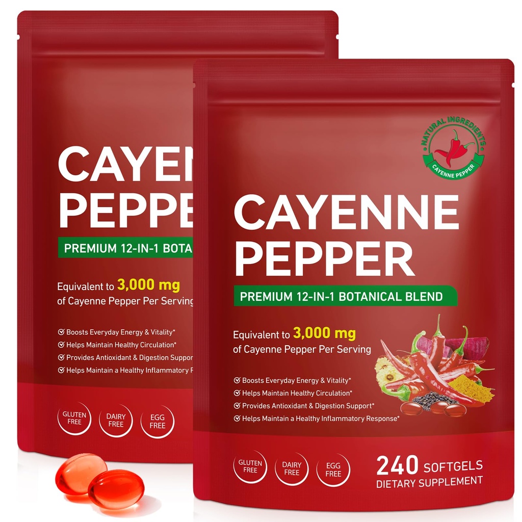 2 Pack Cayenne Pepper Softgels Supplement, Rich in Vitamin E D3+K2 and Extracts of Grape Seed, Hawthorn, Beetroot and Others, Supports Leg Vein, Heart and Blood Vessel Health