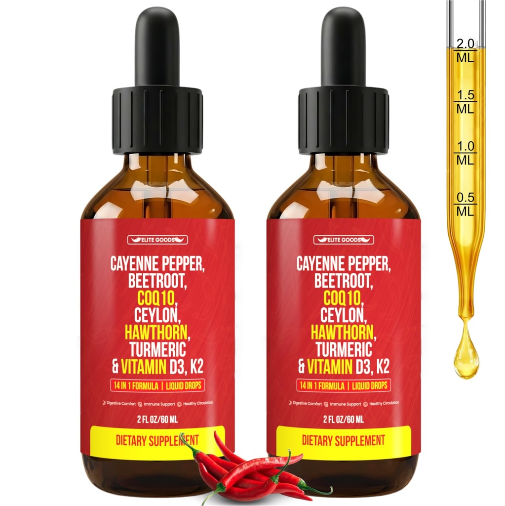 Cayenne Pepper Drops - Organic Supplement with Hawthorn Berry, Beet Root Powder, COQ10, Vitamin D3 & K2, Ceylon Cinnamon, Turmeric, Ginseng & Berberine - 60 ml (2 Packs)
