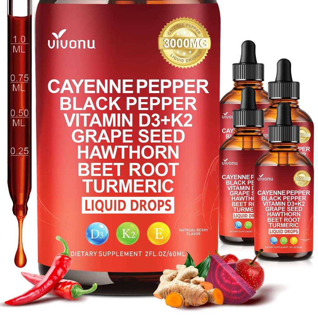 VivoNu Cayenne Pepper Softgels Supplement, Supports Leg Vein, Heart and Blood Vessel Health, with Vitamin E D3+K2 and Extracts of Grape Seed, Hawthorn, Beetroot, Berberine (Drops /4 Bottle)