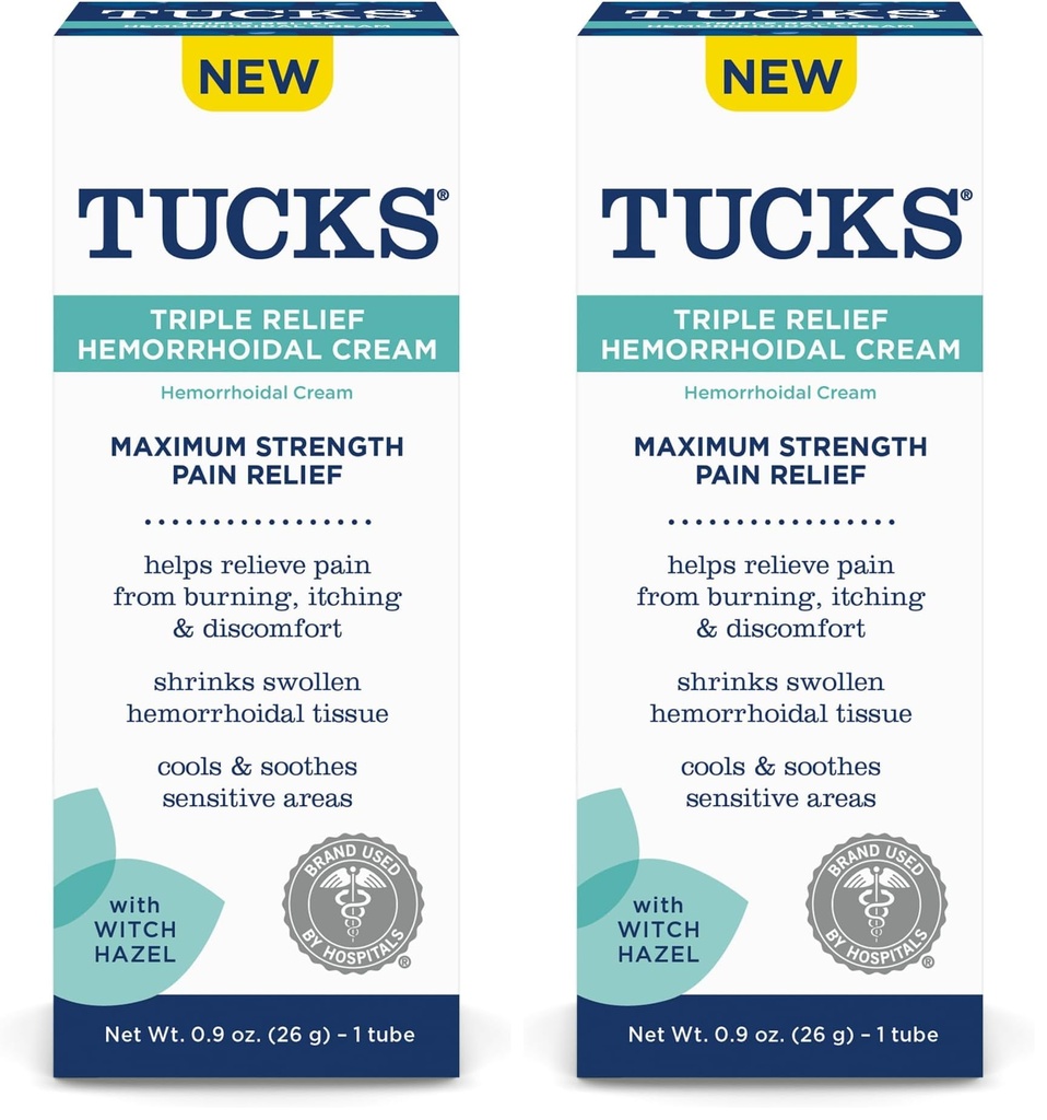TUCKS Triple Relief Hemorrhoidal Cream, Maximum Strength Pain Relief from Burning, Itching and Discomfort, with Witch Hazel, Treatment, Brand Used by Hospitals, 0.9oz. (26g) (Pack of 2)