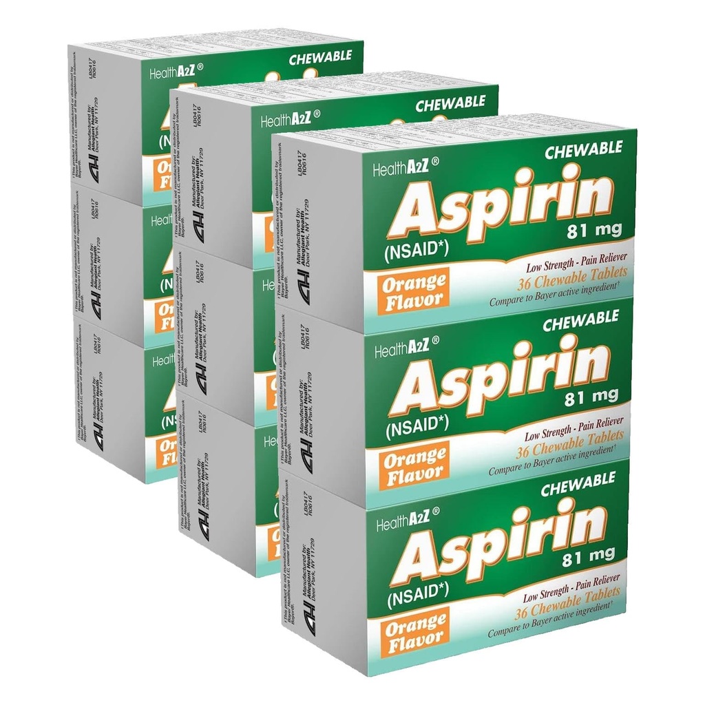 HealthA2Z® Aspirin 81mg, Low Strength Chewable Tablets, Orange Flavor, Pain Reliever, Fever Reducer, Headache, Muscle Pain, Minor Aches, 108 Tablets (Pack of 9, 36 Tablets Each)