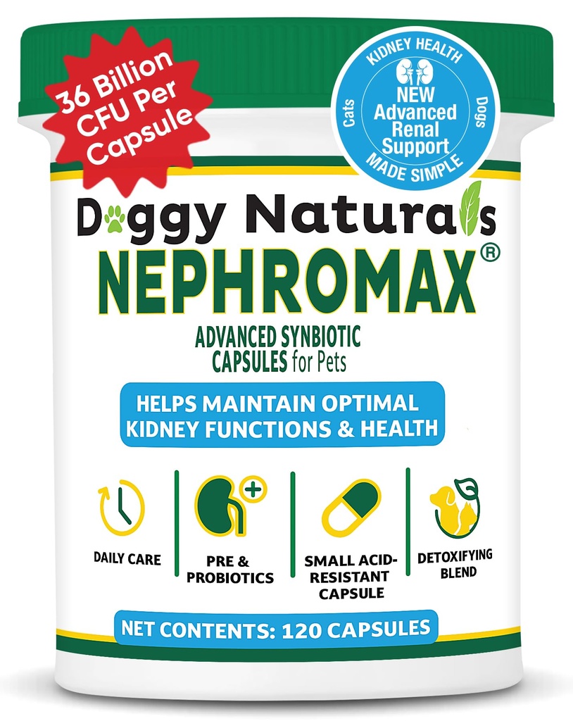NEPHROMAX™ Synbiotic Capsules for Kidney Support for Dogs & Cats - 36 Billion CFU-Advanced Next-Generation Enteric detoxifying Blend of Pre & Probiotics Kidney Support U.S.A (120 Small Capsules)