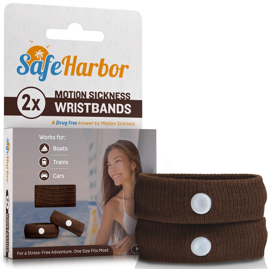 SafeHarbor Skin-Tone Motion Sickness Wristbands (One Pair) | Acupressure Anti Nausea Wristbands for Cruise & Travel | Natural Sea Sickness and Morning Sickness Relief (Mocha)
