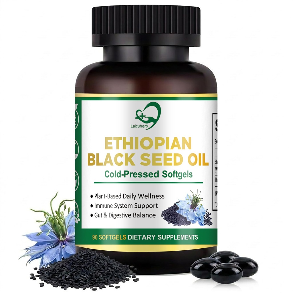 Organic Black Seed Oil Capsules 1000mg, Rich in 4.64% Thymoquinone (TQ)，