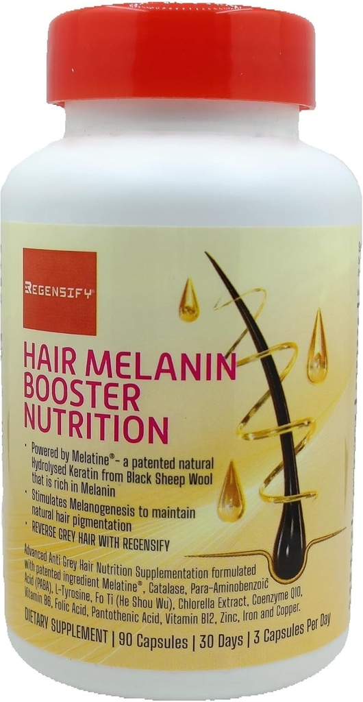 REGENSIFY Matu melanīna Booster Nutrition [Anti Grey Hair Papildinājums vīriešiem un sievietēm ] Melatine®, Catalase, PABA, L-Tyrosine, He Shou Wu, Chlorella Extract, CoQ10, Folijskābe, Pantothenic Acid]