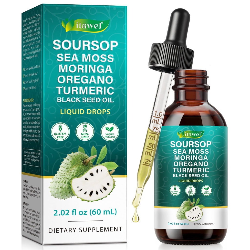 Organic Soursop Bitters Drops for Energy & Wellness | 10 Herbal Extracts Blend Including Sea Moss, Moringa, Turmeric | Daily Immune & Digestive Support | Non-GMO | 2 Fl Oz