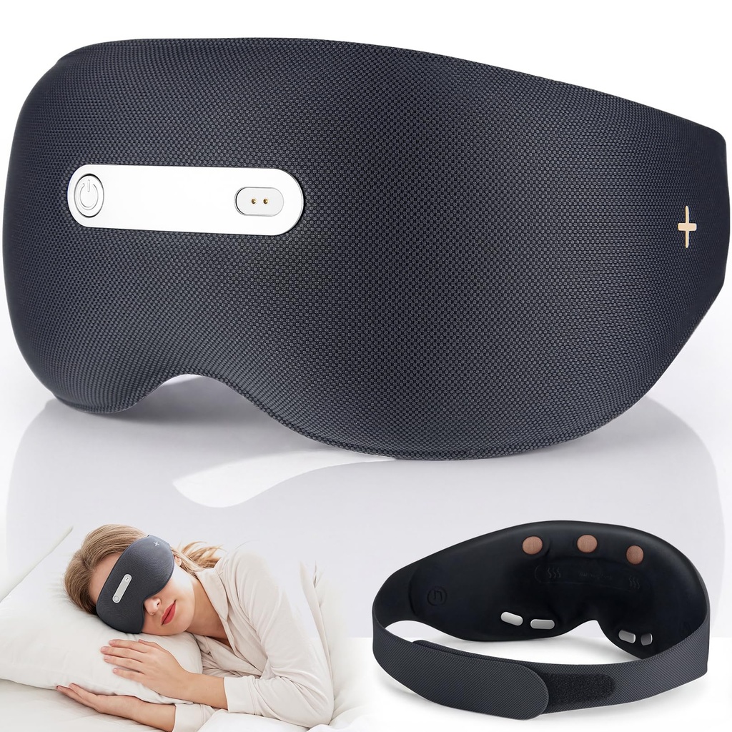 𝐀𝐈-𝐏𝐨𝐰𝐞𝐫𝐞𝐝 Neuro Sleep Eye Masks+Sleep Aid+Sleep Analysis with Hot Compress/Vibration Massage/Voice Prompt/Relaxing Music/Light Shielding/Mild Sensory Feedback/Adjustable Strap/Box, Balck