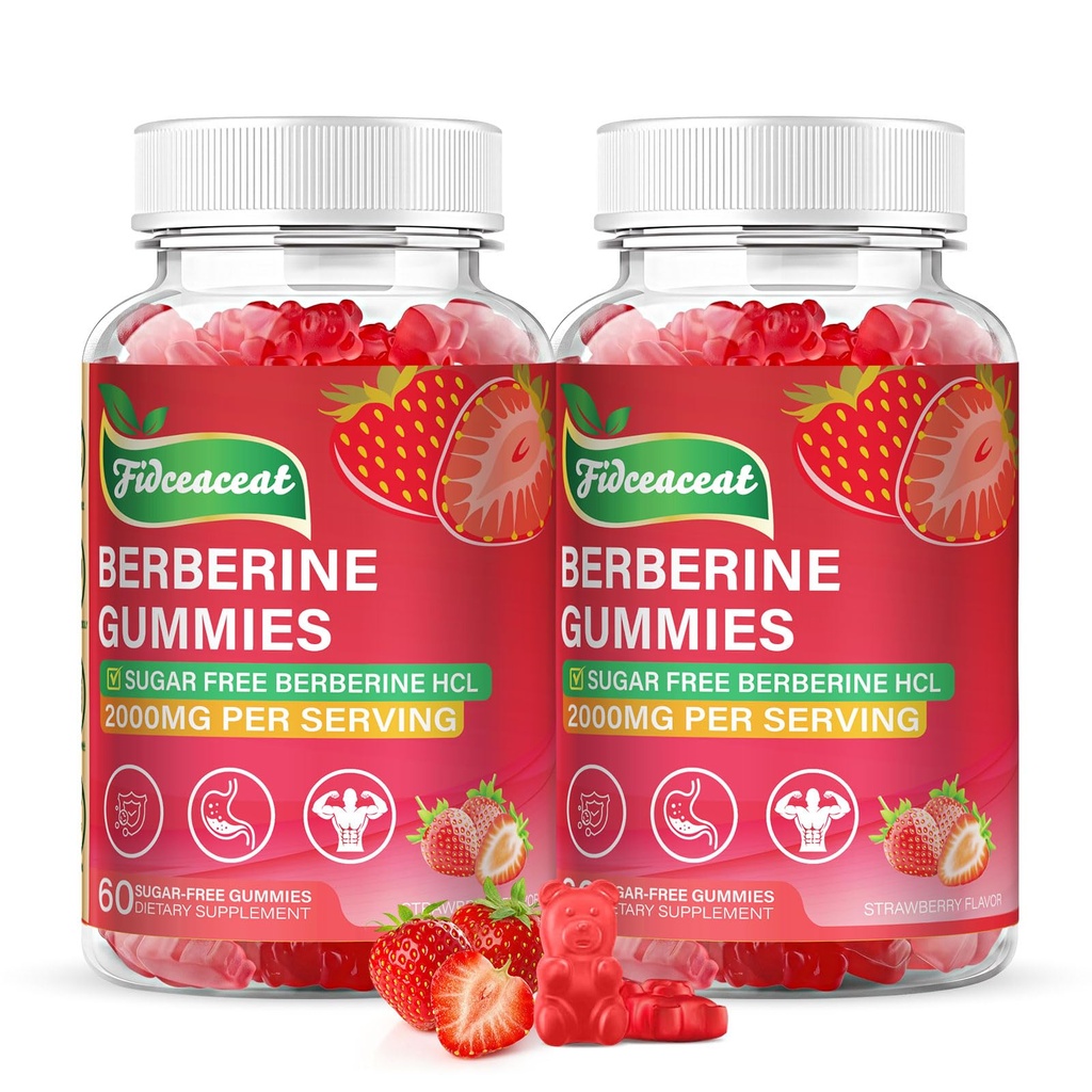 2 Pack Berberine 2000mg Gummies with Organic Berberine HCl, Vegan and Gluten-Free Supplement in Natural Strawberry Flavor, 120 Count