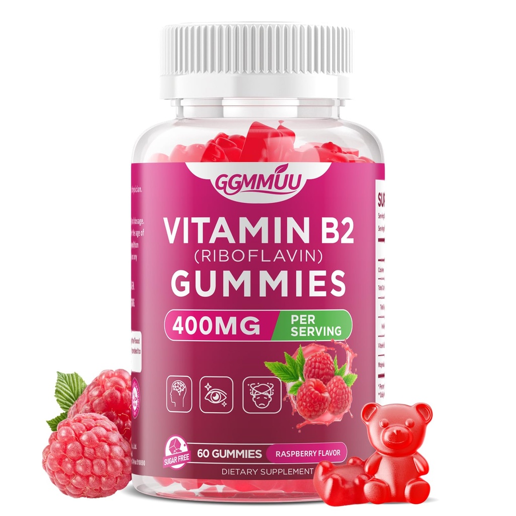 Vitamin B2 400mg Gummies with Magnesium, Raspberry Flavor, 60 Count