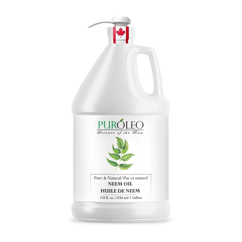 PUROLEO NEEM Oil 128 Fl Oz/3784 ML (Packed in Canada) 100% Pure and Natural Neem Oil for Multipurpose Use | Neem Oil extracted from NEEM Plante Chemical Free Neem Oil Spray