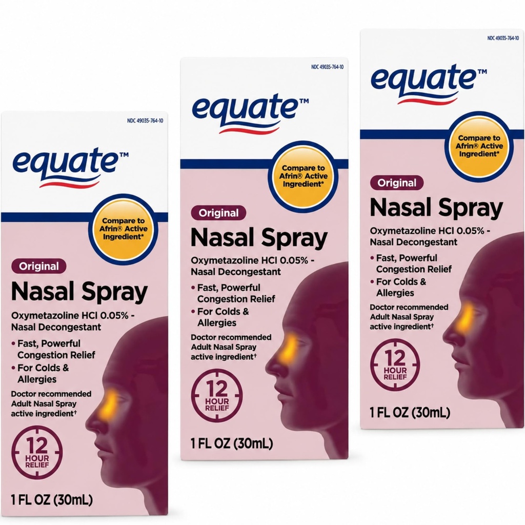 Equate Original Nasal Spray 12 Hour Relief, Max Strength Nasal Decongestant, Oxymetazoline HCl 0.05%, Fast Congestion Relief for Colds & Allergies, 1 fl oz Bottles (Pack of 3)