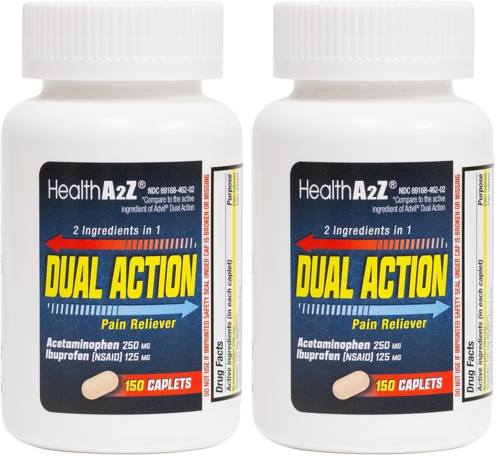 HealthA2Z® Dual Action Pain Relief | Acetaminophen 250mg & Ibuprofen (NSAID) 125mg | Contains Two Medicines | Relief from Headache, Fever & Backache (150 Caplets) (Pack of 2)