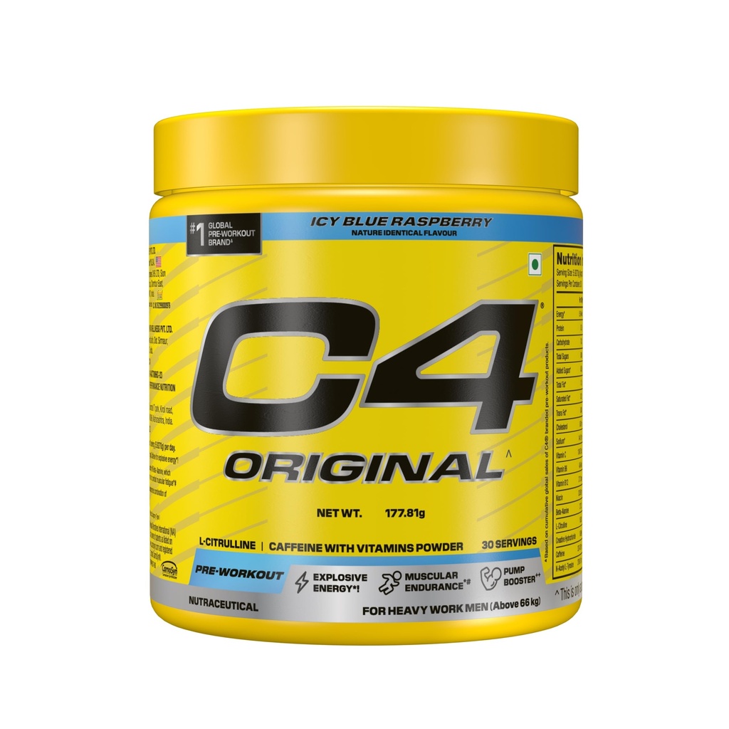 C4 Original Pre Workout Powder (Icy Blue Raspberry), 200mg Caffeine Anhydrous with CarnoSyn® Beta-Alanine, L Citrulline, & Creatine HCL, Preworkout Powder for Men & Women, 30 Servings,178gm