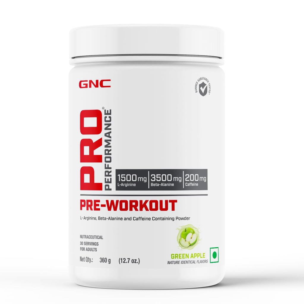 GNC Pro Performance Pre-Workout | 360 gm | 30 Servings | Boosts Energy & Endurance | Improves Focus | Revs Up Recovery | 1.5g L-Arginine | 3.5g Beta-Alanine | 0.2g Caffeine | Green Apple