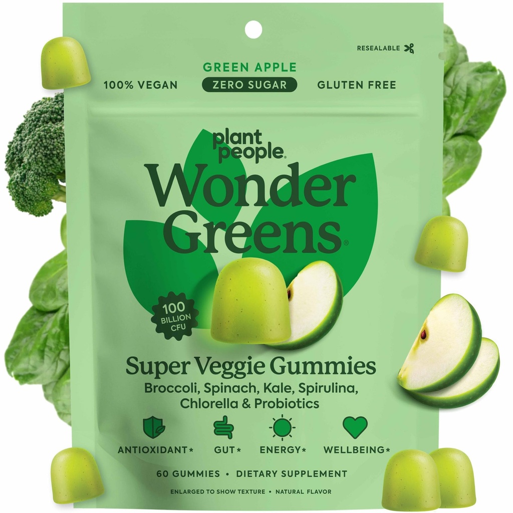 Augu cilvēki WonderGreens Veggie Gummies Super Greens ar probiotikām Multivitamīnu atbalsts Gummy labsajūtai, enerģija, Imūnās un Gut veselība, Green Apple Flavor (60 grāfs)