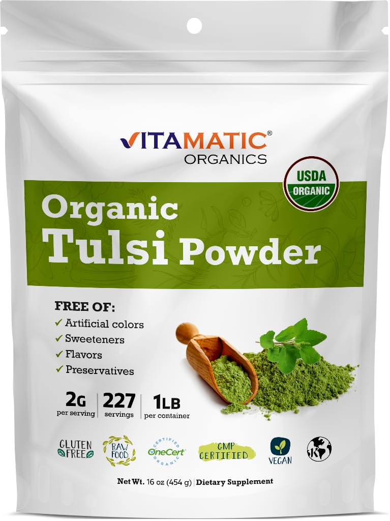 Vitamatic Sertificēts USDA Organic Tulsi (Svētais Baziliks) Pulveris – 1 mārciņa (16 Ounces) – adaptogēns Herb for Stress, Imunity & Overall Wellness