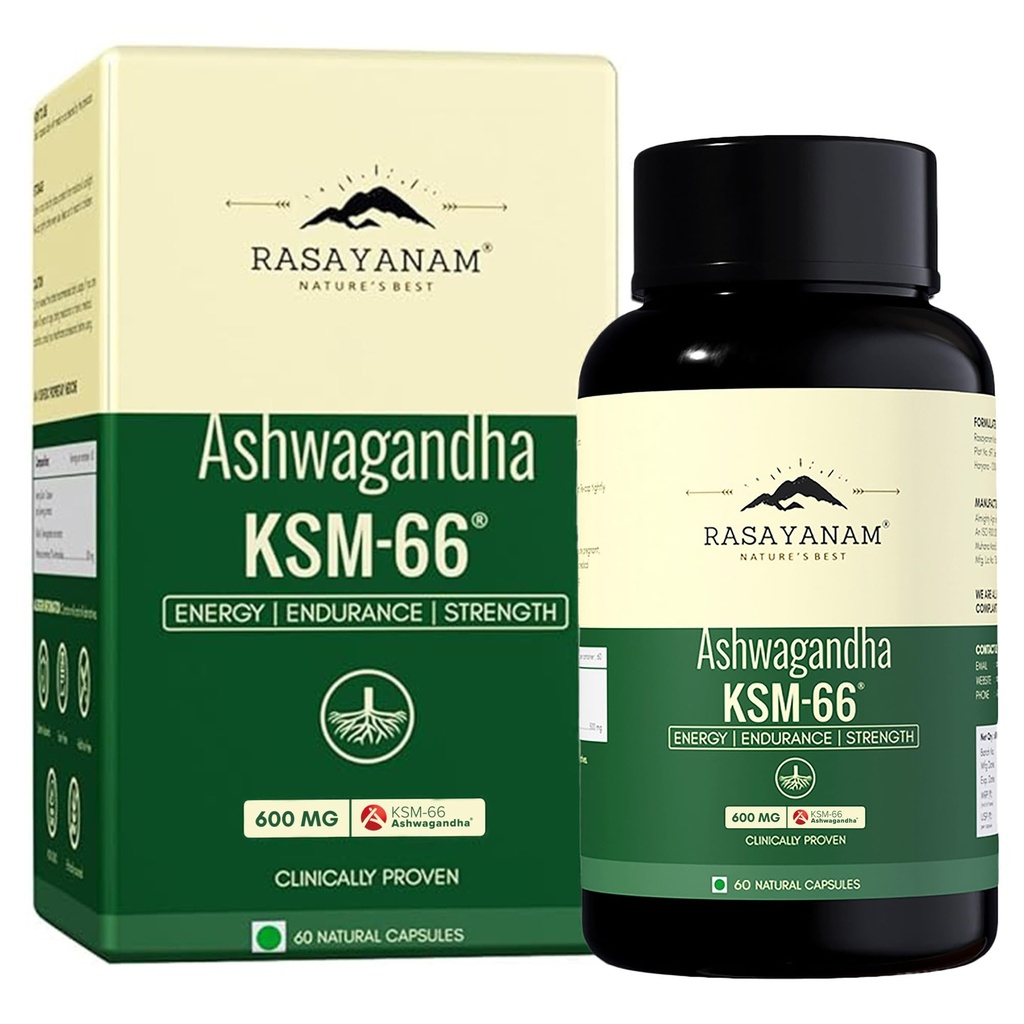 Rasayanam Ashwagandha KSM-66® | Clinically Proven 600mg Dosage | 5.1% Withanolides for Max Results | 100% Pure Root Extract | Stress Relief, Energy & Recovery Support | World’s Strongest Ashwagandha | 60 Capsules