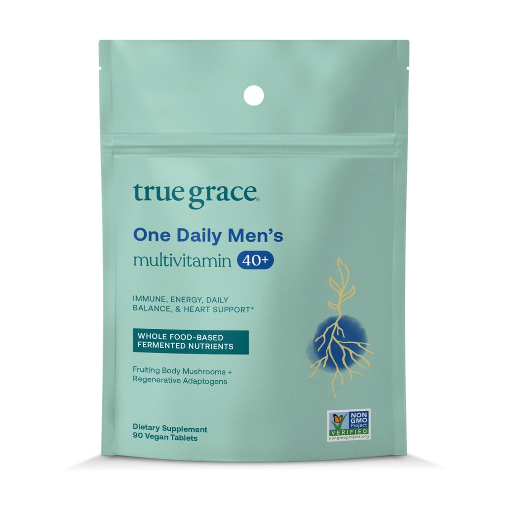 Patiesa Grace Men's 40+ One Daily Multivitamine Fermented Minerals, Organic Adaptogens & Sēnes Vesela ķermeņa līdzsvars Imūnās, izturības, kaulu un sirds atbalsta papildinājums - Ne-GMO - 90 Veģetārās tabletes