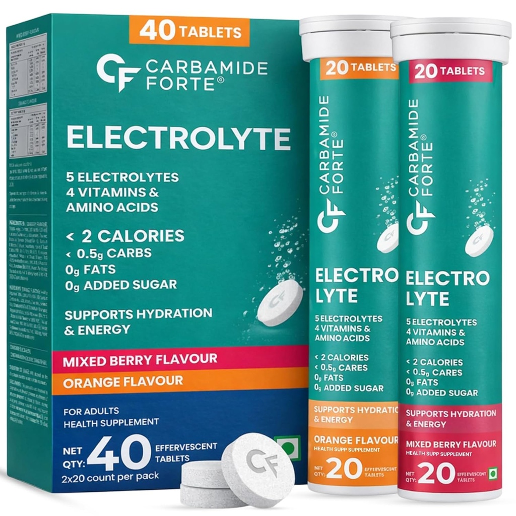 Carbamide Forte Electrolyte Supplement with Zero Added Sugar | Electrolytes Hydration Tablets for Sustained Energy with 5 Essential Electrolytes No sugar + 4 Vitamins & Amino Acids | Pack of 20 Effervescent Tablets x 2