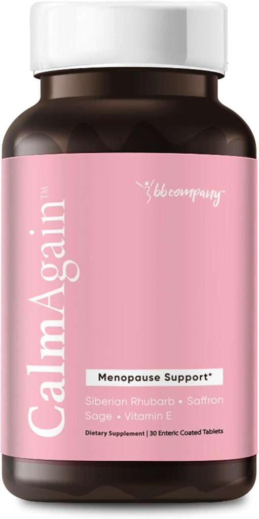 BB Company CalmAgain menopauzes uzbudinājums, koka balanss sievietēm ; Stay Calm, Lejaskortizols, Mazāk Mood Swings ; Sibīrijas rabarbers, Salvija, Safrons  ; Menopauzes Reliefs; 30 Ct