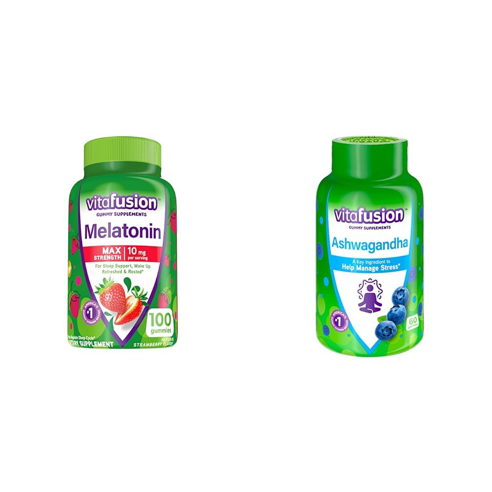 Vitafusion Max Strength Melatonin Gummy Pielikumi, 100 grāfs Ashwagandha Gummies, 60 grāfs