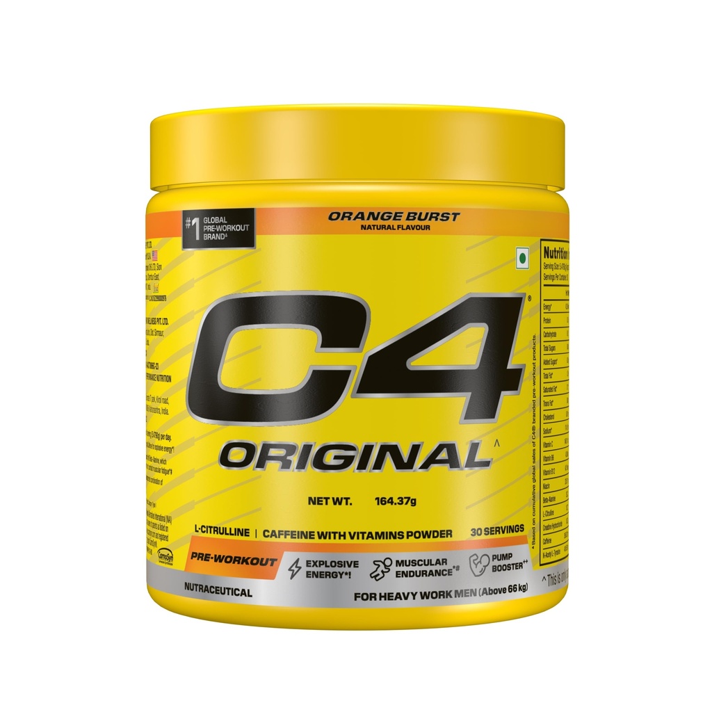 C4 Original Pre Workout Powder (Orange Burst), 200mg Caffeine Anhydrous with CarnoSyn® Beta-Alanine, L Citrulline, & Creatine HCL, Preworkout Powder for Men & Women, 30 Servings,164gm