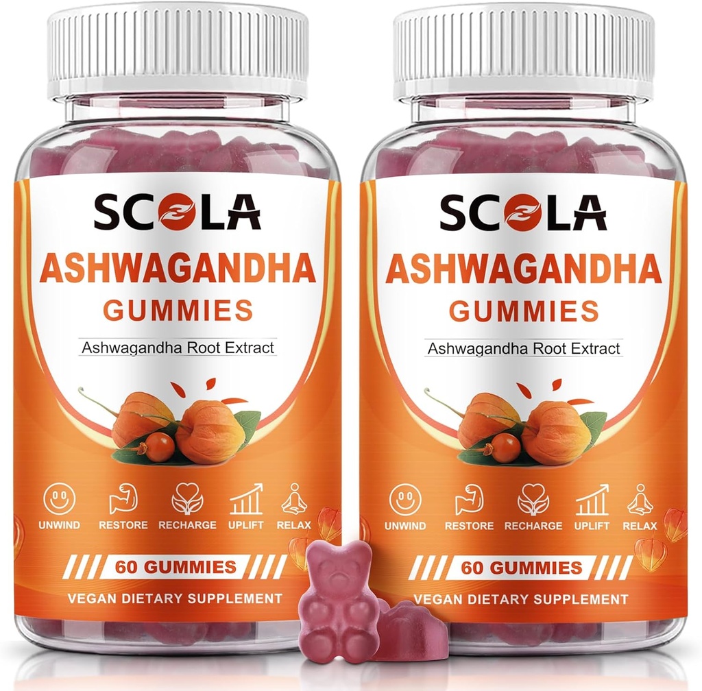 Ashwagandha Gummies, Calm Gummies with Ashwagandha Root Extract D vitamīns Cinks, Ashwagandha Papildinājums miega stresa balanss, Vegan, Non-GMO, Gluten-free, 120 Skaits