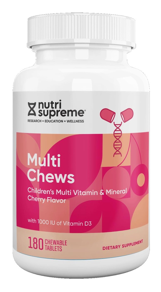 Delicious Kids Multivitamīnu, 180 Veģetāriskie košļājamās rotaļlietas – Pilnīgs bērnu papildinājums ar būtiskiem vitamīniem un minerālvielām - A, B, C, D3 vitamīns, kalcijs, dzelzs, Folijskābe, Cinks – Ķiršu degvīns