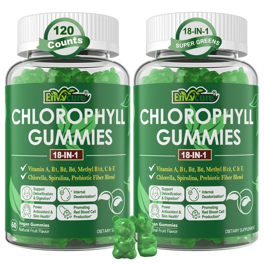 Chlorophyll Gummies, Super Green 18-IN-1 ar Organic Chlorella Spirulina, Kviešu Zāle, Magnijs, Prebiotikas Fiber iekšējā dezodorantu*, Comfort Digestion, Metabolisms, immune, Svaigs ķermeņa odors, 2 Iepakojumi