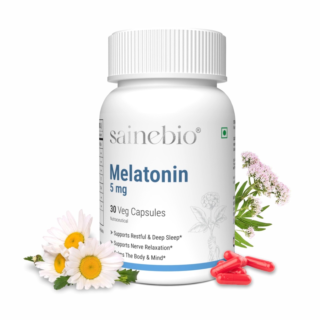 Sainebio Melatonin 5mg Sleep Support Capsules | With Ashwagandha, L-Theanine, Valerian Root, Chamomile & Herbal Extracts | Natural Sleep Aid for Deep, Restful Sleep, Relaxation & Mood Balance | 30 Capsules