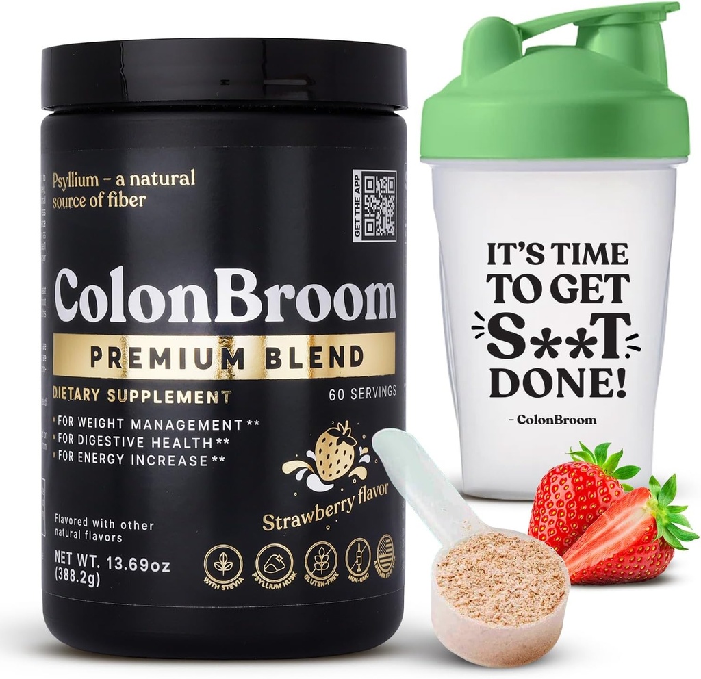ColonBroom Premium Psyllium Husk pulveris (Zemenes, 60 Kalpojumi) + Sakratīt Pudele kolonnu līgavainis Pulveris Dzēriens Bundle - Kolu tīrīt par Bloating Reljef & Gut Health - Fiber pulvera papildinājums
