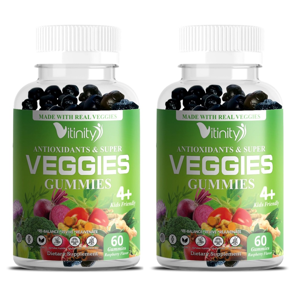 VITINITY Veggies Papildinājums-Ražots ar Real Super Veggies Delicious Gumies(120 Chews),30 Veggies,Herbs,Augļu un Dārzeņu Papildinājums,Non-GMO,Pectin-Based,Gluten-Free,No More Pillas (60 Diena)