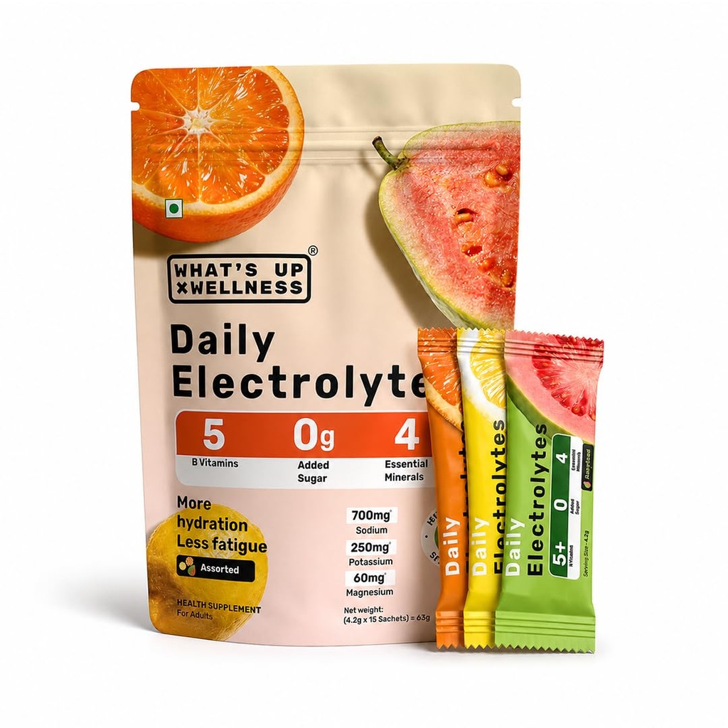 What's Up Wellness Daily Electrolytes Powder - Assorted Flavour Pack | Zero Added Sugar | Instant Hydration - Sodium, Potassium, Magnesium & Zinc | Vegan - 15 Sachets