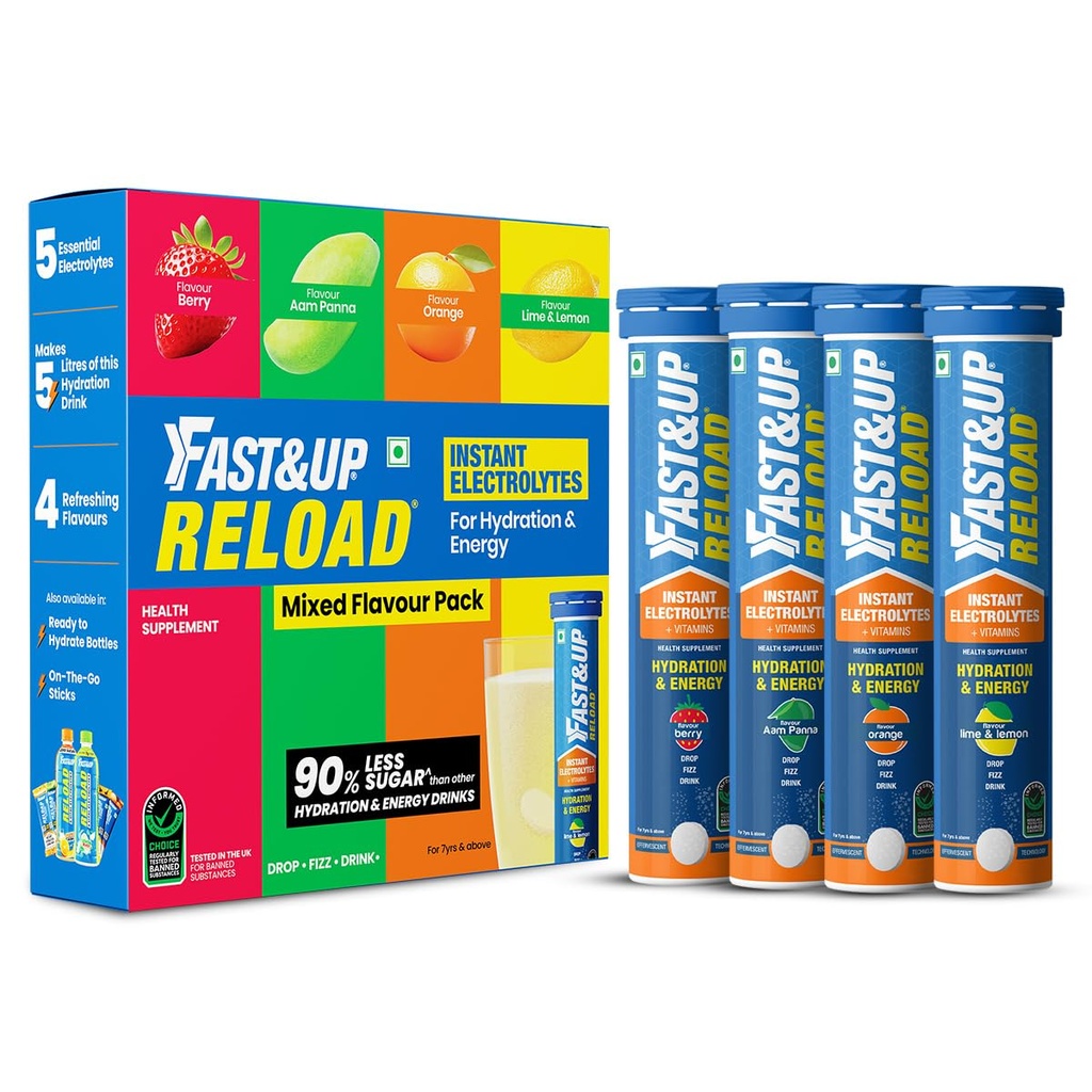 Fast&Up Reload (20 Liters) - (Berry, Aam Panna, Orange, Lime & Lemon)- Low Sugar energy drink for Instant Hydration - Effervescent Tablets with all 5 Essential Electrolytes + Added Vitamins.