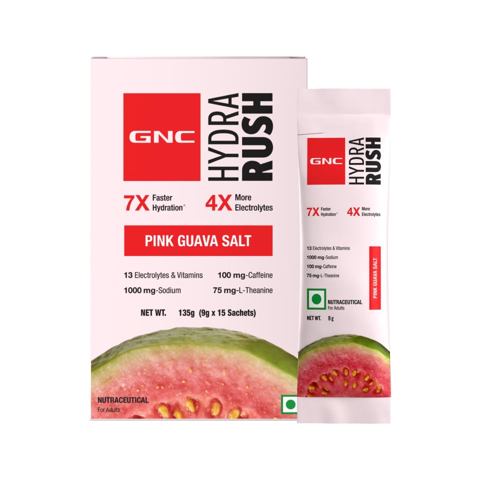 GNC HydraRush | Advanced Hypotonic Hydration Formula | 13 Electrolytes, Vitamins + Himalayan Pink Salt | 0g Sugar Electrolyte Drink for Workout, Running & Summer Hydration | Guava Salt, 15 sachets