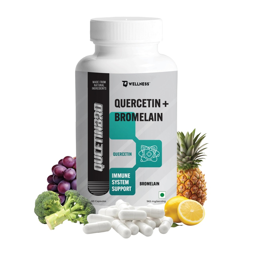 TQ Wellness Quercetin with Bromelain, Quercetin 400 mg & Bromelain 82.5mg per capsule, QUCETINBRO Helps Synergistic Action Respiratory Health, Immunity, Cardiovascular Health- 60 Capsules